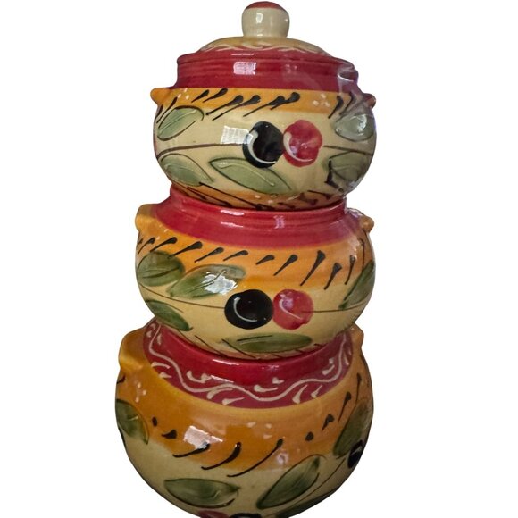 Pier 1 Imports Olive Stacked Canisters Set Of 3 Hand Painted Ceramic - Picture 1 of 13